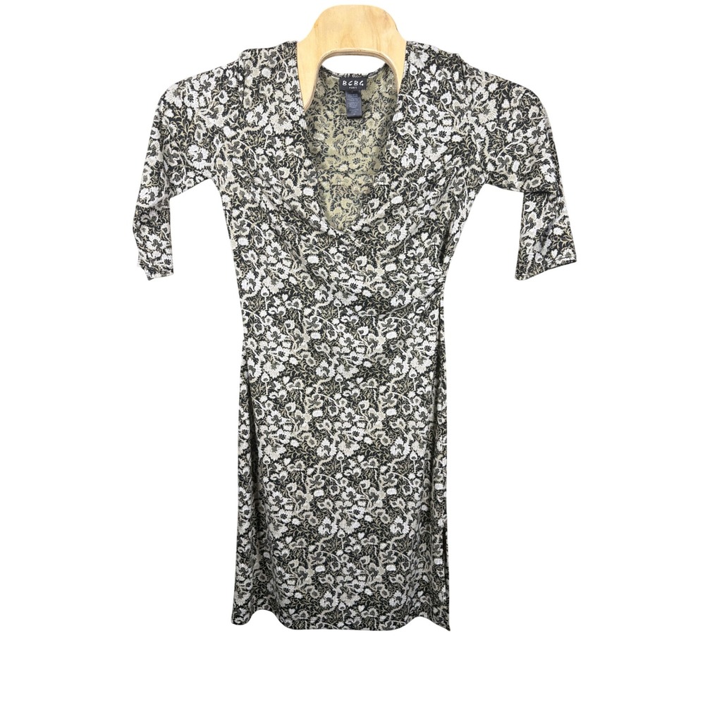BCBG Paris Dress Womens Medium DFN6079D Black Floral Faux Wrap 3/4 Sleeve